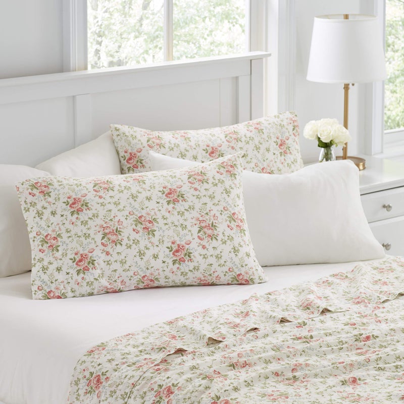 Laura Ashley - Queen Sheets, Cotton Percale 6-Piece Bedding Set, Crisp & Cool Home Decor (Marissa Coral, Queen) - Image 2